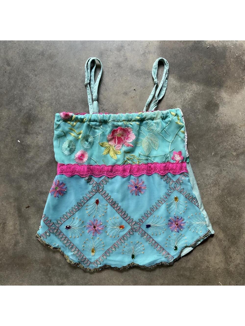 Roselani Jasmin Y2K Aqua Embroidered Floral Fairy Cami Top – Handmade USA